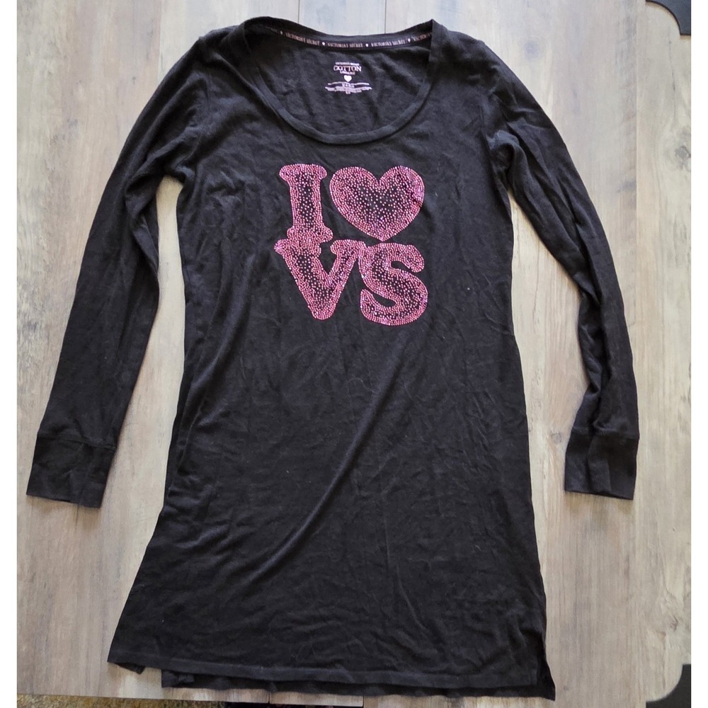 Victoria's Secret Black Y2K Long Sleeve Sleep Dress LOVE VS-Pink Glitter Women S